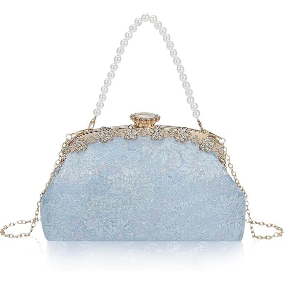 ⚡ Women's Light Blue Fabric Lace Pearl Chain Rhinestones Shoulder Clutch Bag - Picture 1 of 9
